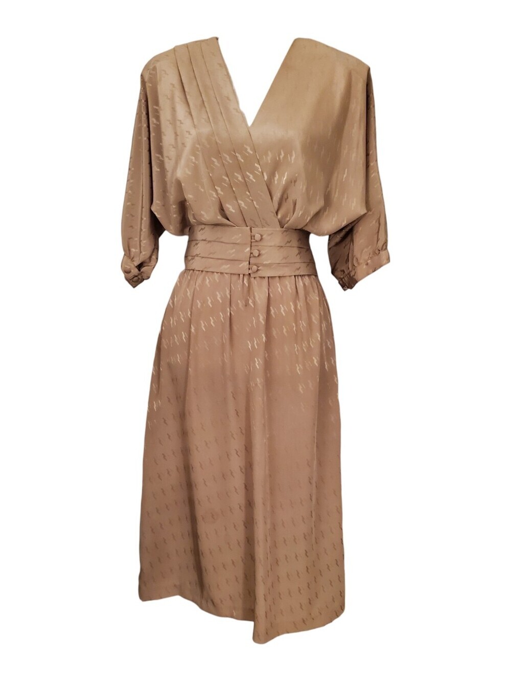 Raoul Taupe Jacquard Midi Dress Dolman Short Sleeve V-Neck Pleated Waist Size 12